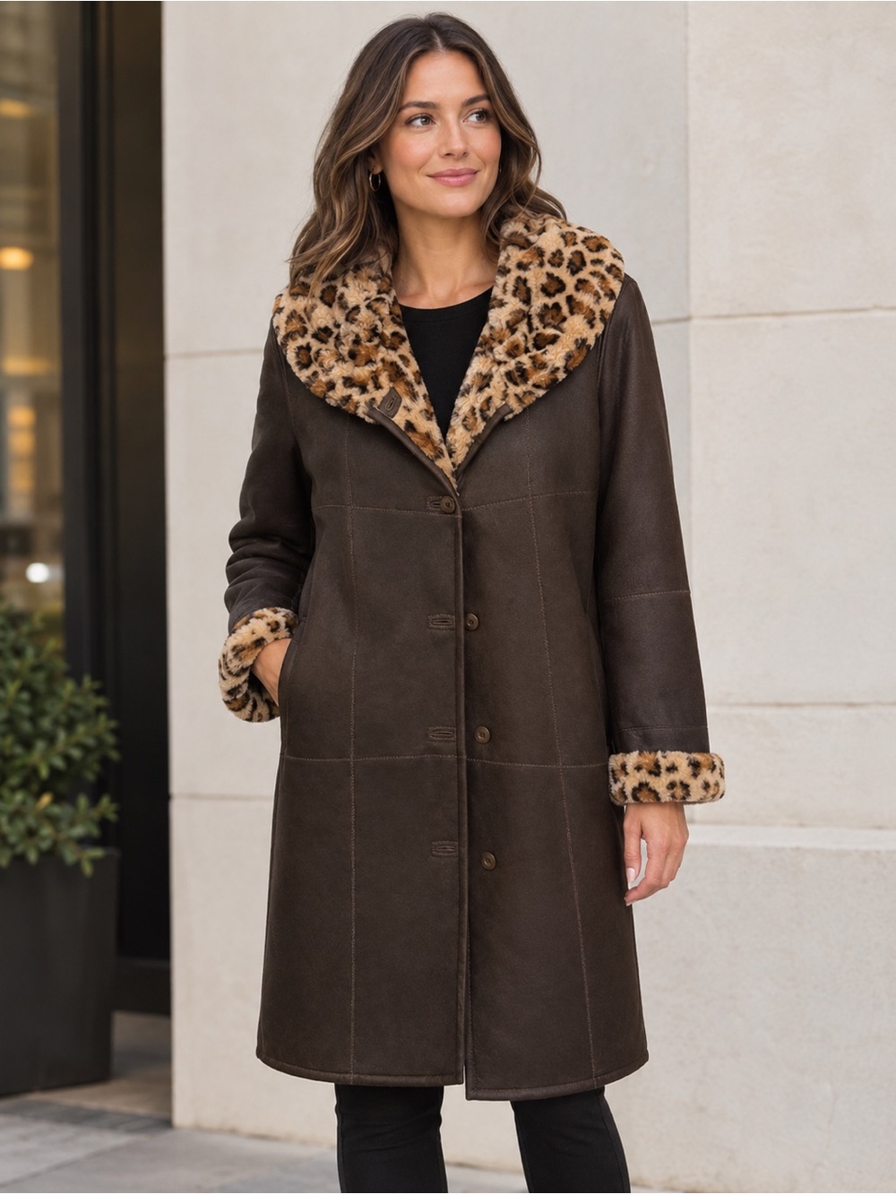 Vintage brown lamb leather leopard women’s jacket reversible - size 40 medium